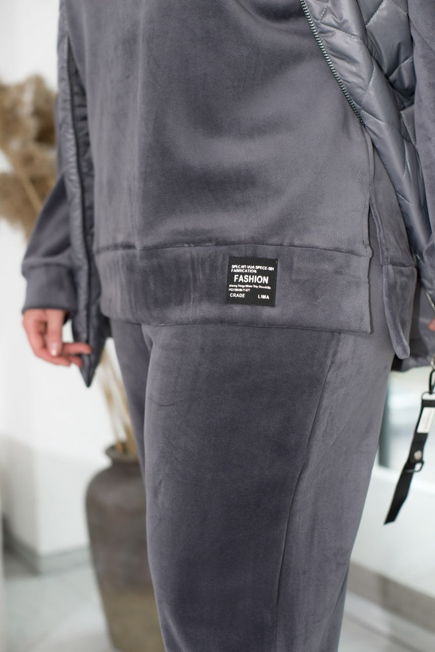 3-częściowy dres welurowy z kamizelką z kapturem, bluzą i spodniami z prostymi nogawkami