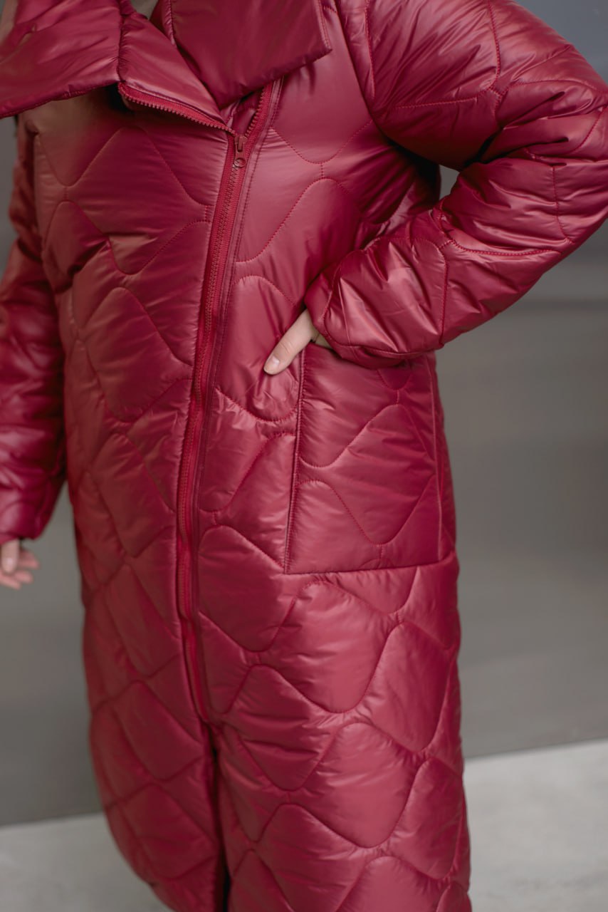 Quilted Long Coat with Side Zipper, High Collar and Patch Pockets