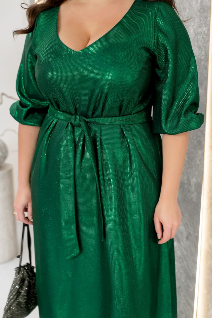 Women's Maxi Evening Dress Glitter Lurex Knit Three Quarter Sleeve V-Neck Plus Size