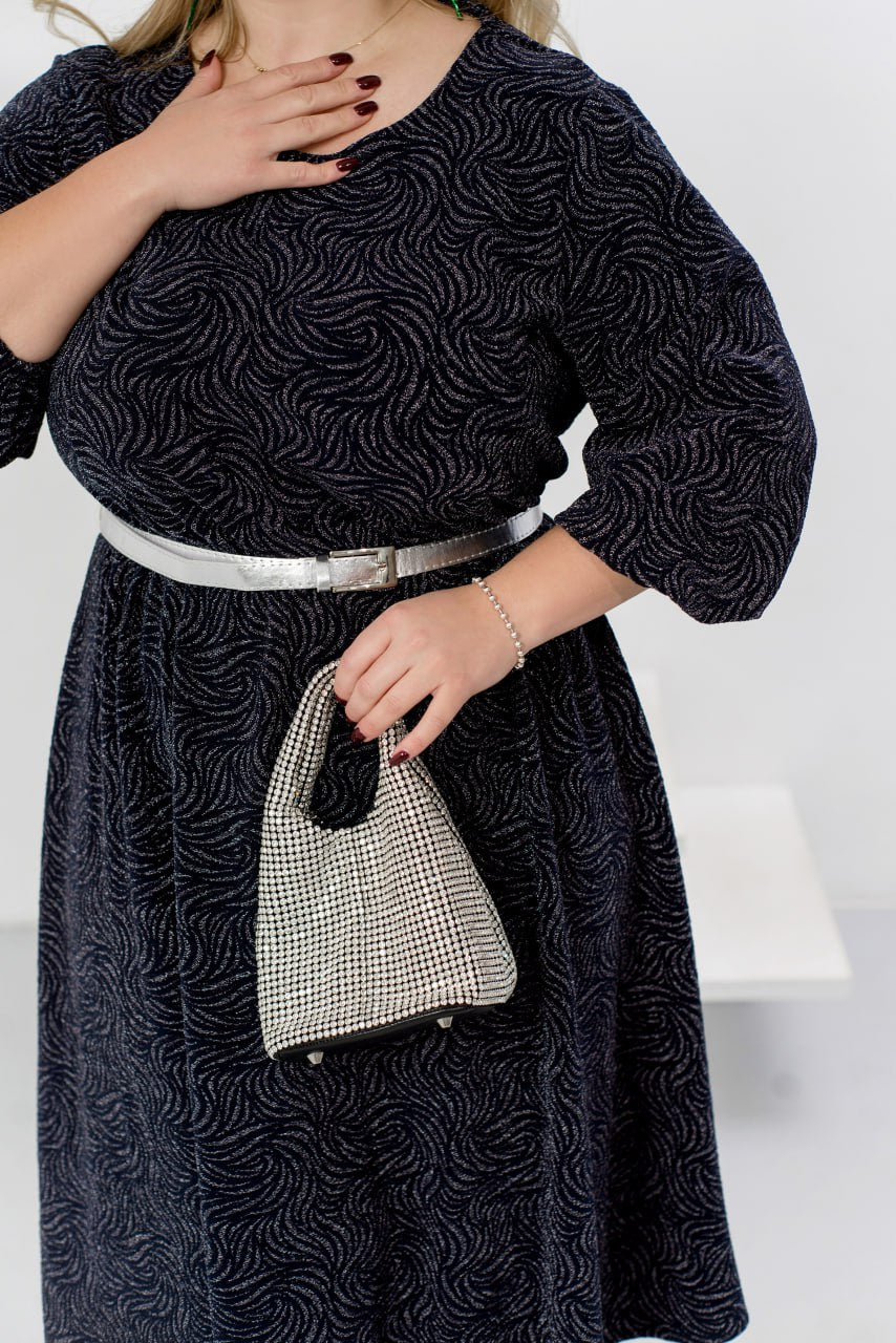 Midi Dress Glitter Crepe Belted Pleated Hem Plus Size