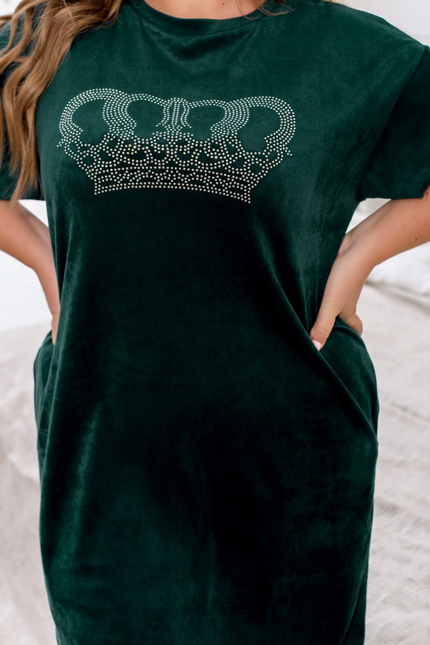 Home Dress Relaxed Fit Velour Rhinestone Print with Pockets Plus Size