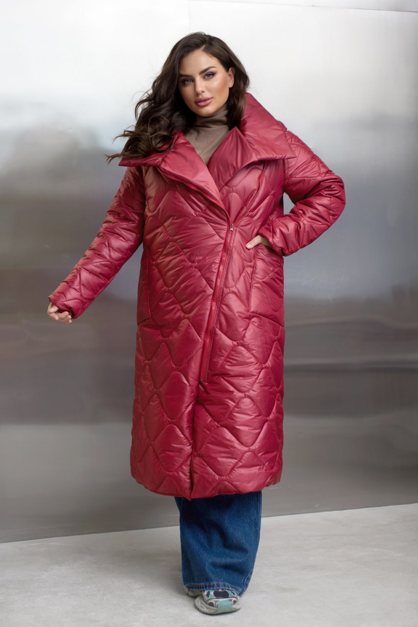 Quilted Long Coat with Side Zipper, High Collar and Patch Pockets