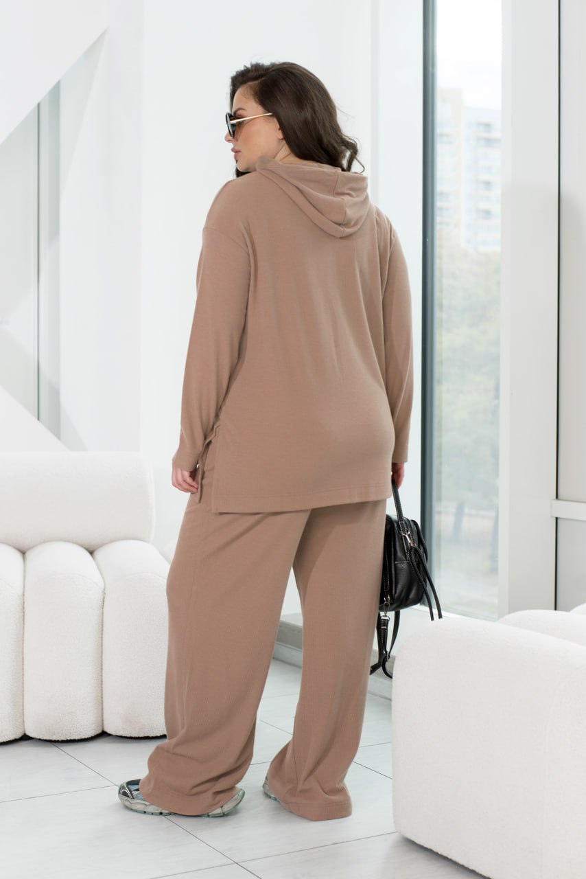Angora Rib Hoodie and Palazzo Pants Suit with Oversize Cut and Elastic Waist