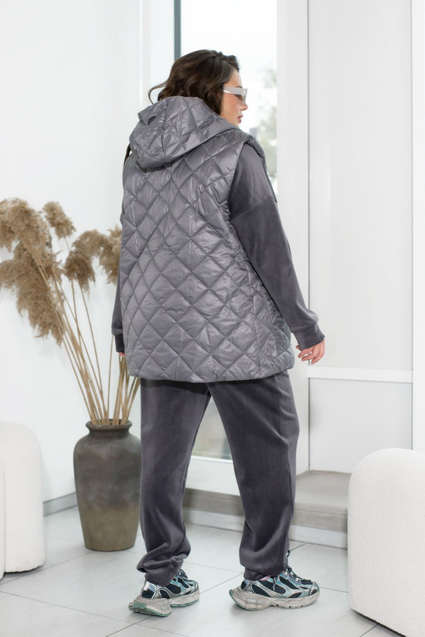 3-częściowy dres welurowy z kamizelką z kapturem, bluzą i spodniami z prostymi nogawkami