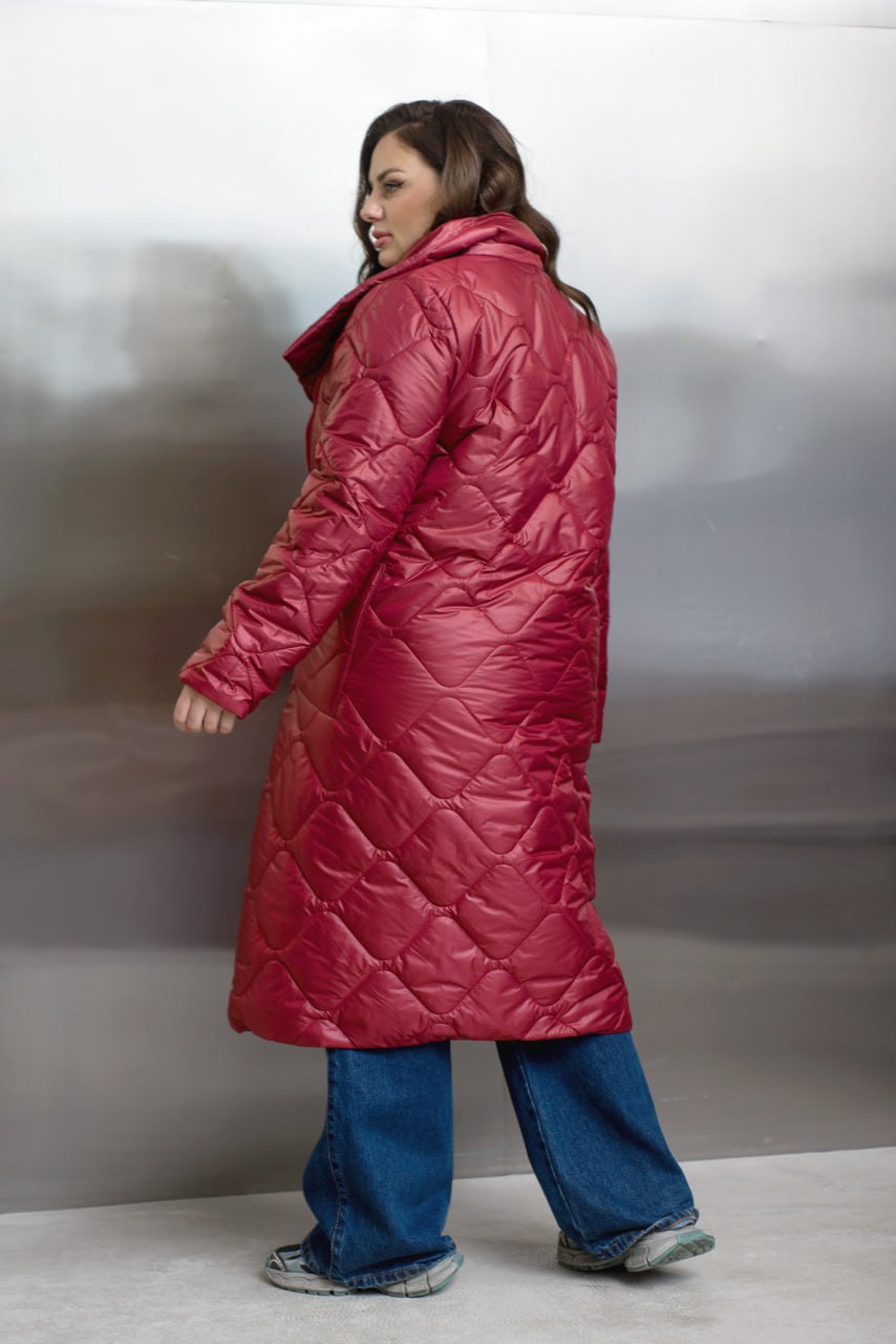 Quilted Long Coat with Side Zipper, High Collar and Patch Pockets