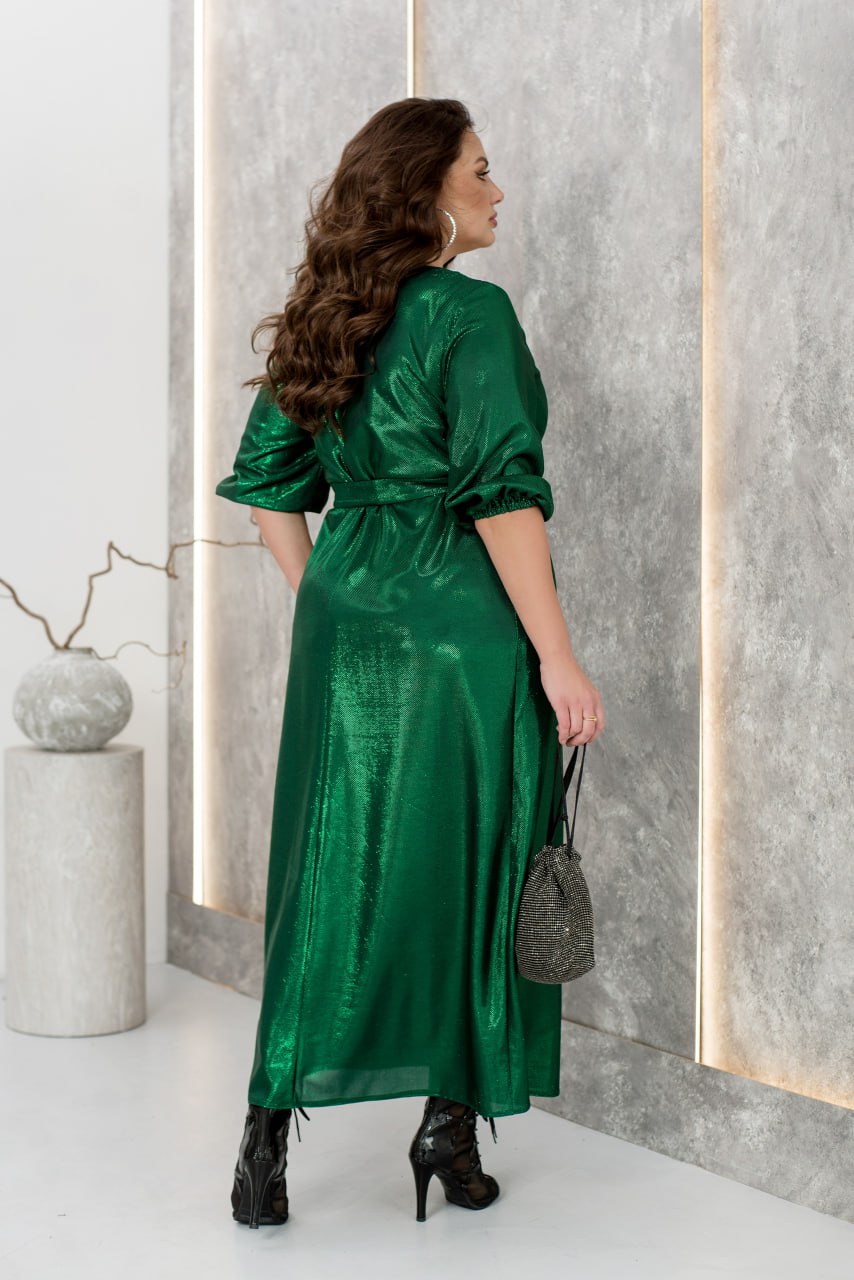 Women's Maxi Evening Dress Glitter Lurex Knit Three Quarter Sleeve V-Neck Plus Size