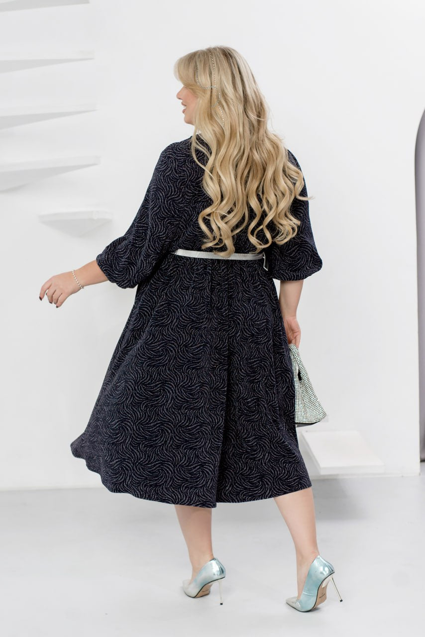 Midi Dress Glitter Crepe Belted Pleated Hem Plus Size