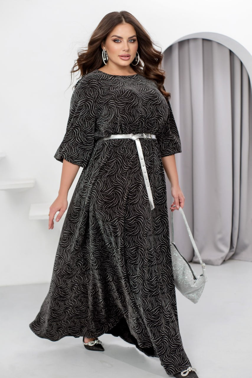 Evening Maxi Dress Belted Glitter Crepe Pleated Hem Plus Size