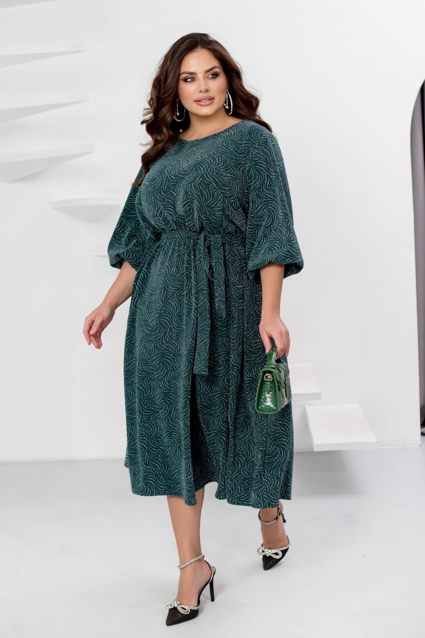 Midi Dress Glitter Crepe Belted Pleated Hem Plus Size