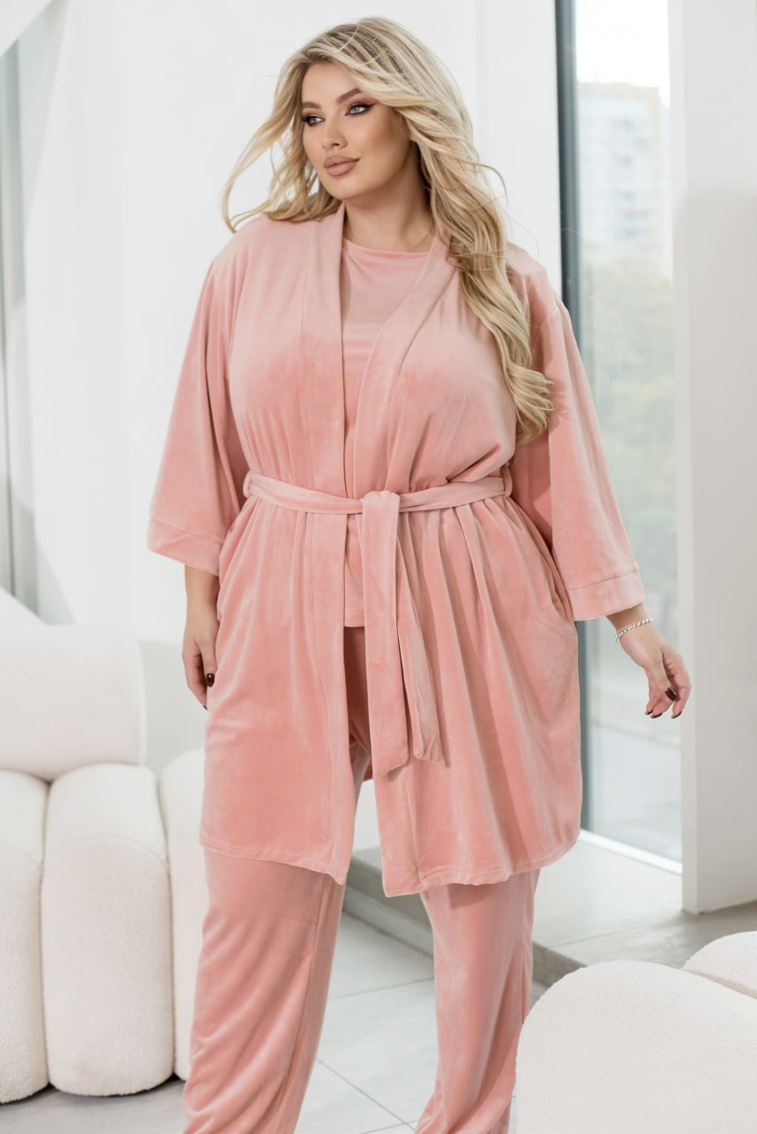 Trzyczęściowy komplet domowy, szlafrok, koszulka, spodnie, welur, nadruk ze strasami, duży rozmiar