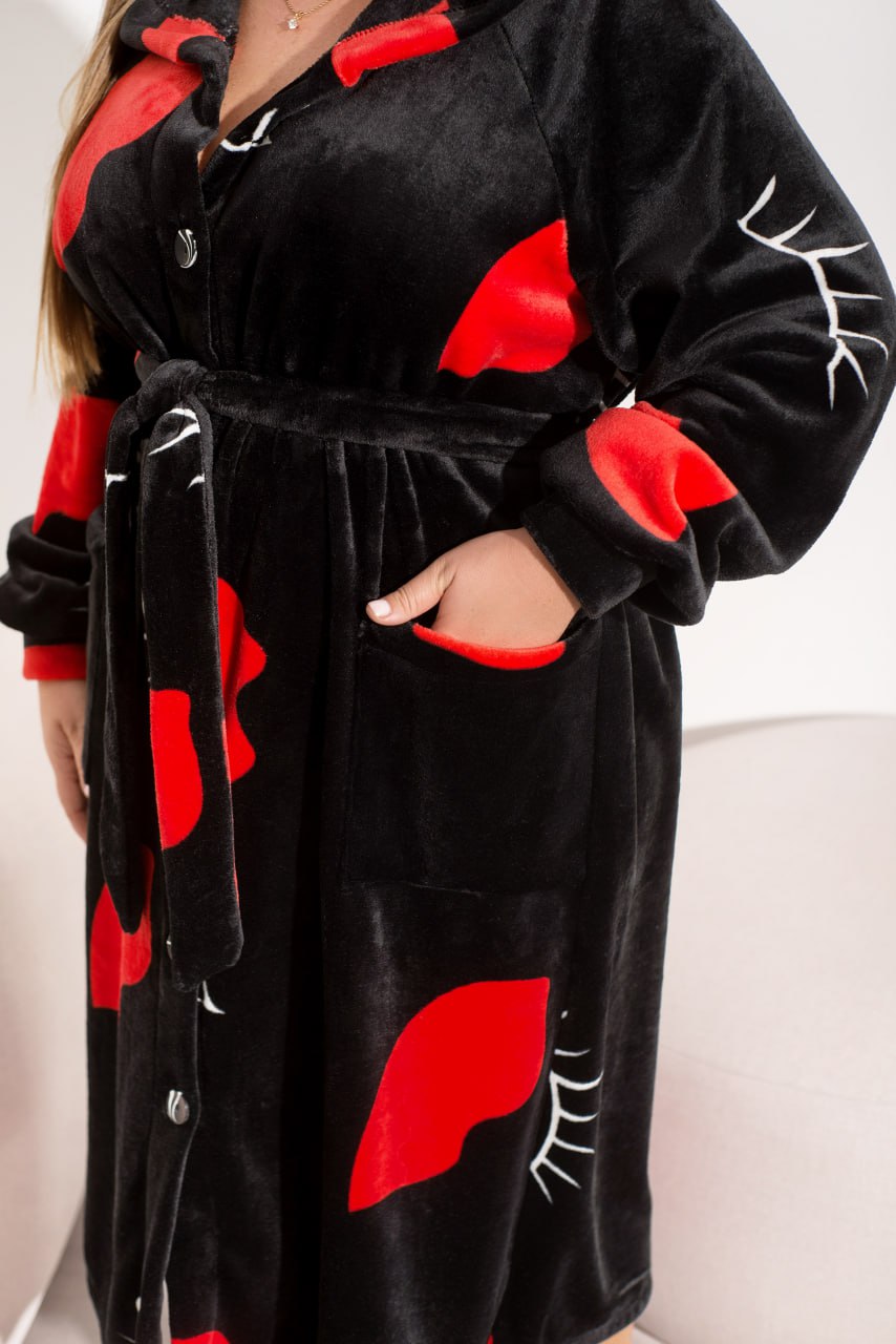 Women's Terry Cloth Robe with Hood and Button Closure