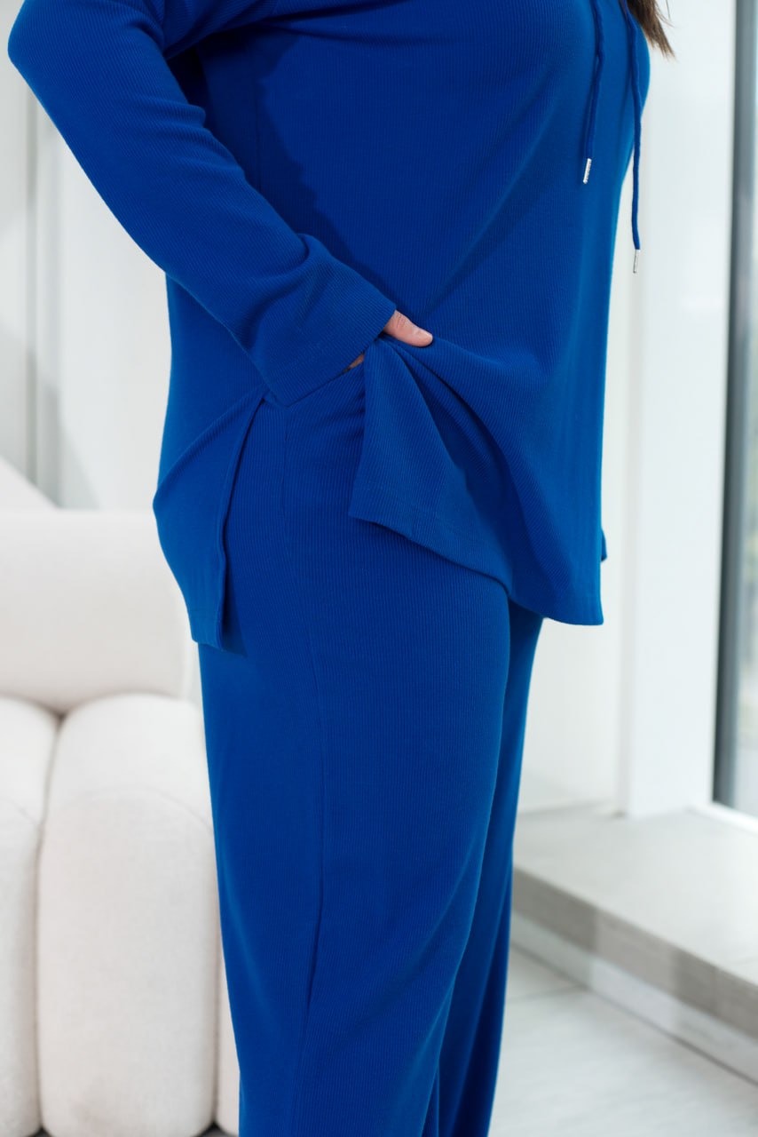 Angora Rib Hoodie and Palazzo Pants Suit with Oversize Cut and Elastic Waist