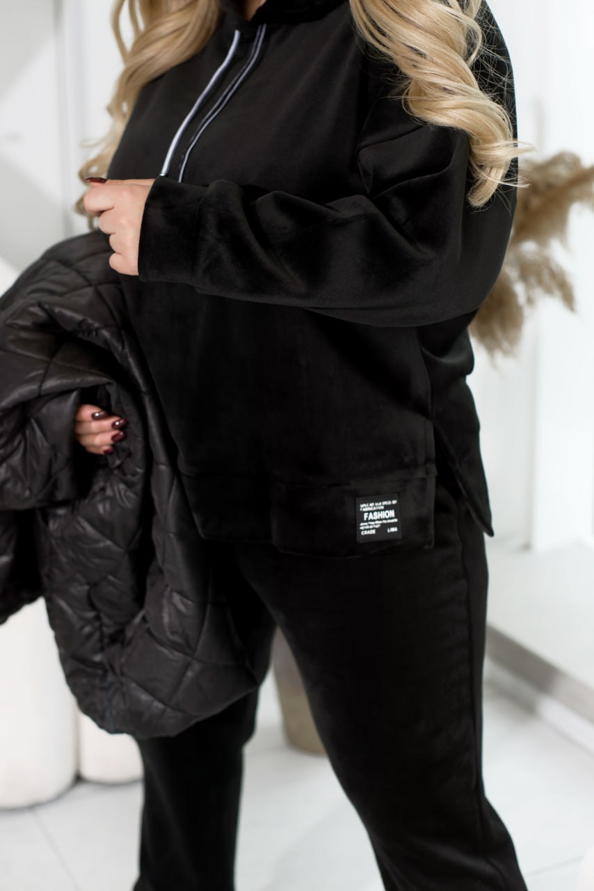 3-częściowy dres welurowy z kamizelką z kapturem, bluzą i spodniami z prostymi nogawkami