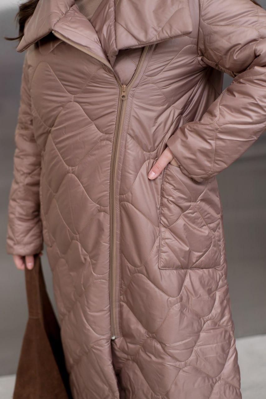 Quilted Long Coat with Side Zipper, High Collar and Patch Pockets