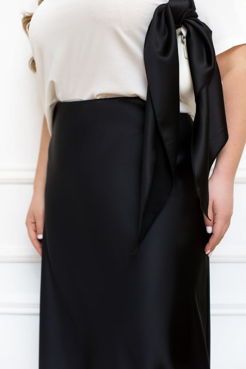 Атласна спідниця міді з високою талією, еластична стрічка, вузький крій, великі розміри