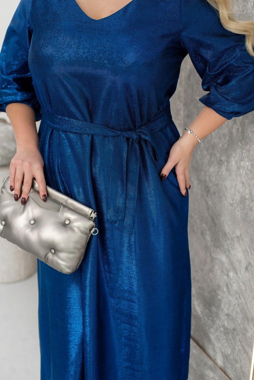 Women's Maxi Evening Dress Glitter Lurex Knit Three Quarter Sleeve V-Neck Plus Size