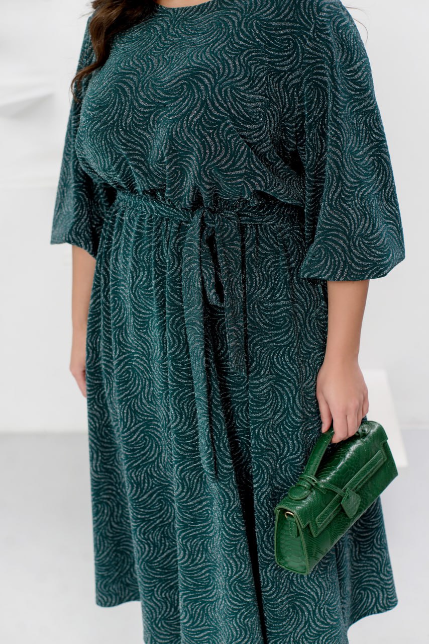 Midi Dress Glitter Crepe Belted Pleated Hem Plus Size