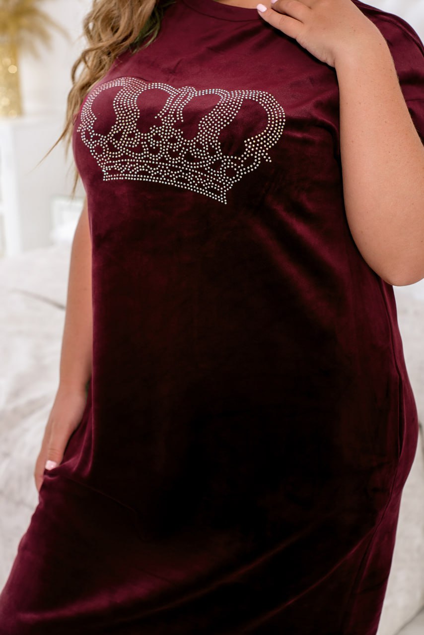 Home Dress Relaxed Fit Velour Rhinestone Print with Pockets Plus Size