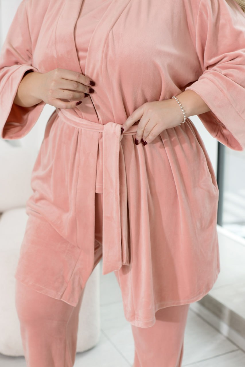 Комплект домашнього одягу з трьох предметів, халат, футболка, штани, велюр, принт зі стразами, великий розмір