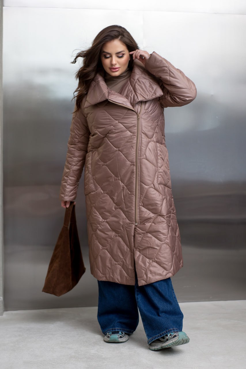 Quilted Long Coat with Side Zipper, High Collar and Patch Pockets