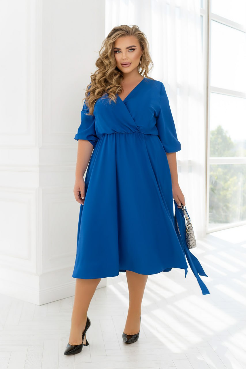 Dress Plus Size Wrap Bodice Elastic Waist Side Pockets Lightweight Suiting