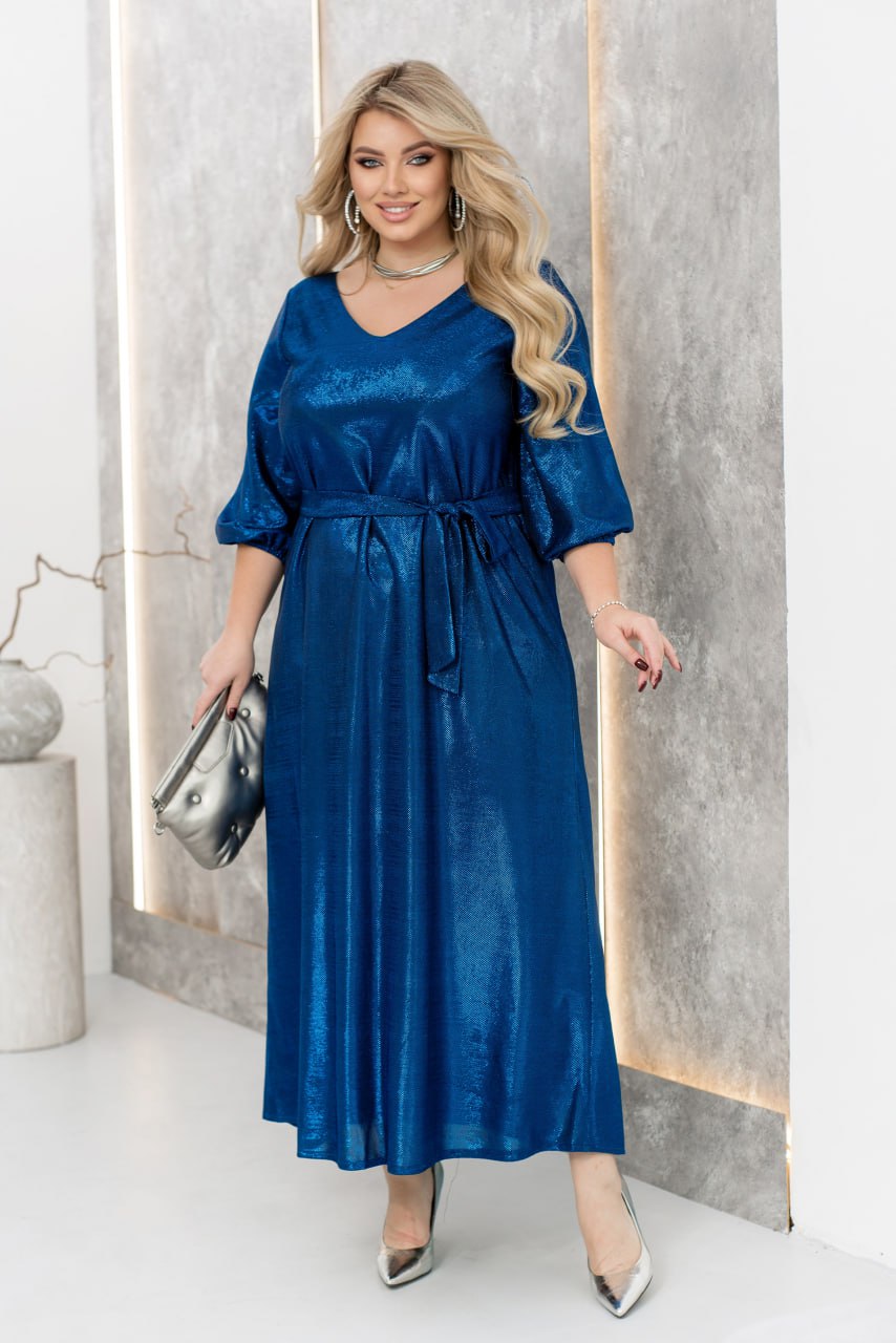 Women's Maxi Evening Dress Glitter Lurex Knit Three Quarter Sleeve V-Neck Plus Size