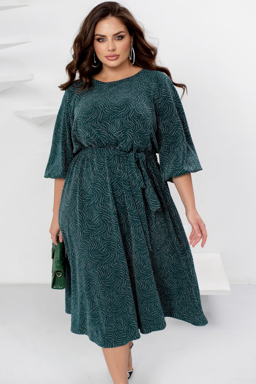 Midi Dress Glitter Crepe Belted Pleated Hem Plus Size