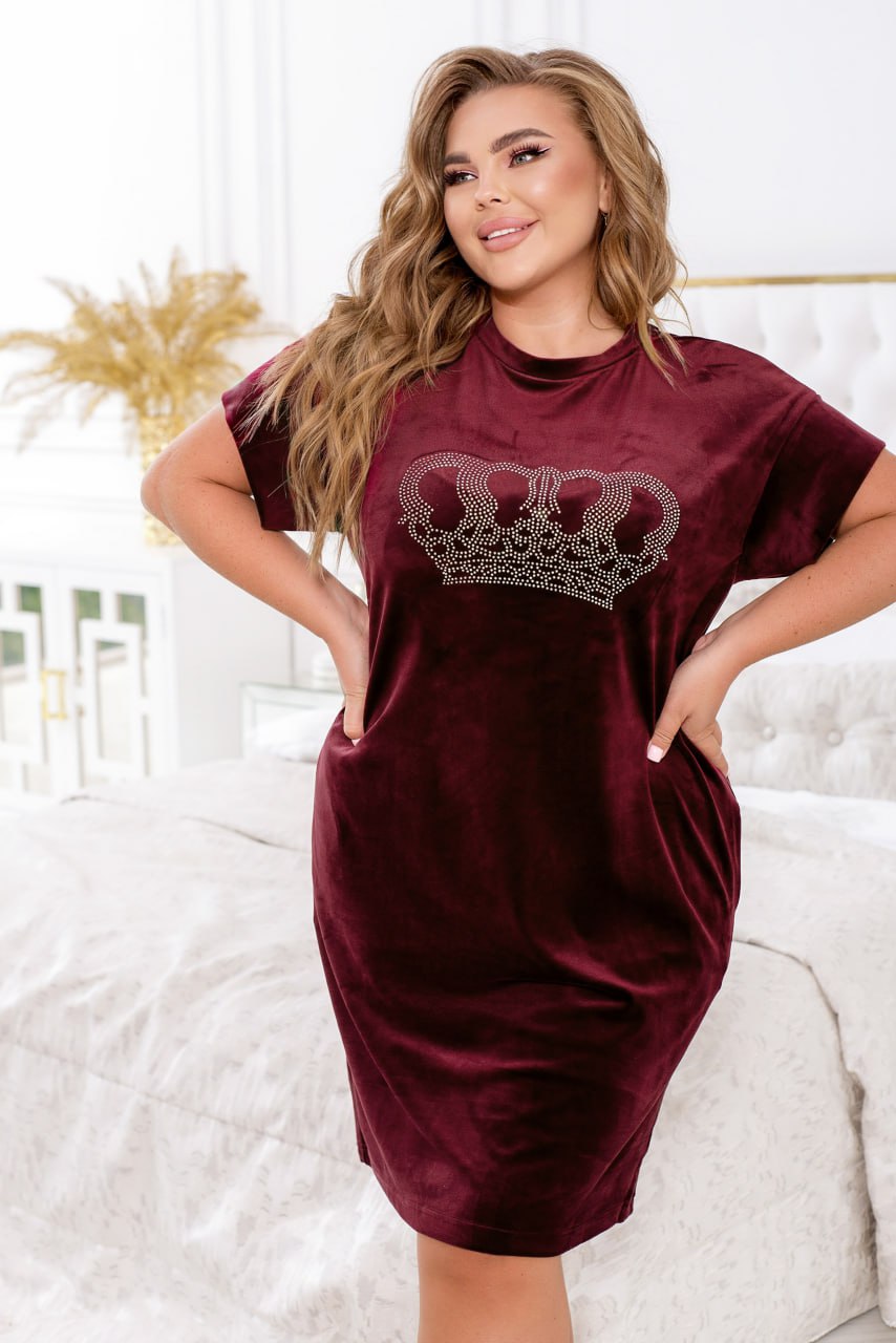 Home Dress Relaxed Fit Velour Rhinestone Print with Pockets Plus Size