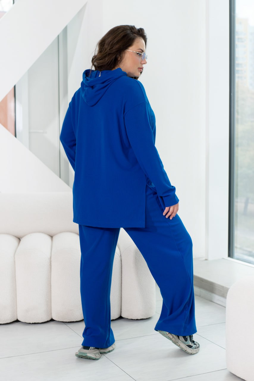 Angora Rib Hoodie and Palazzo Pants Suit with Oversize Cut and Elastic Waist