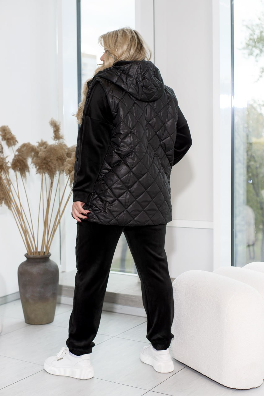 3-częściowy dres welurowy z kamizelką z kapturem, bluzą i spodniami z prostymi nogawkami