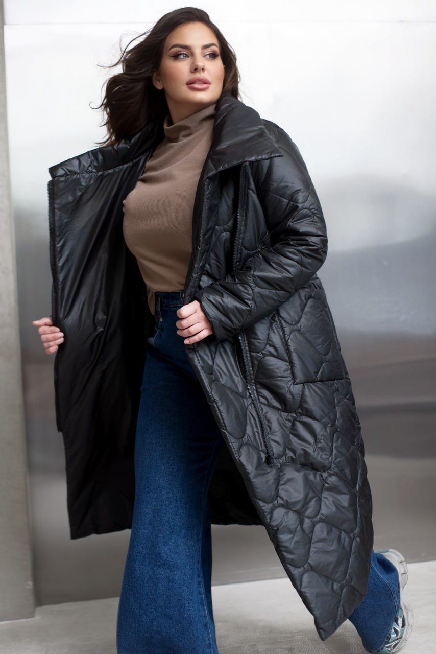 Quilted Long Coat with Side Zipper, High Collar and Patch Pockets
