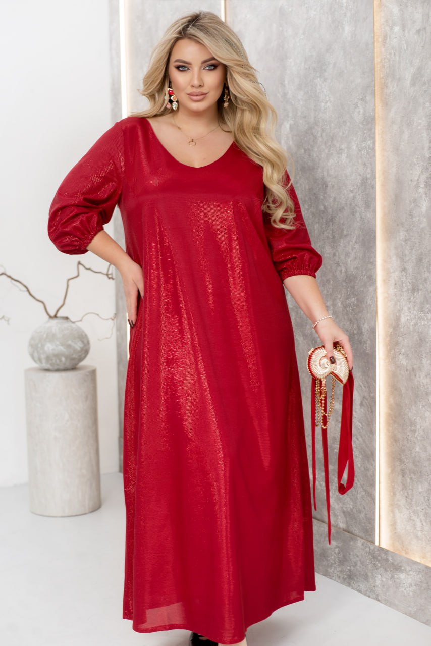 Długa suknia wieczorowa damska z brokatowym lureksem, dzianina, rękawy trzy czwarte, dekolt w serek, duży rozmiar