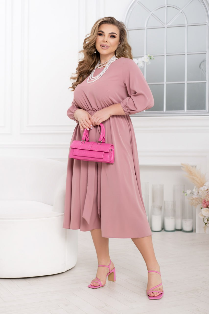 Midi Shift Dress Three Quarter Sleeve Elastic Waist Lightweight Suiting Plus Size