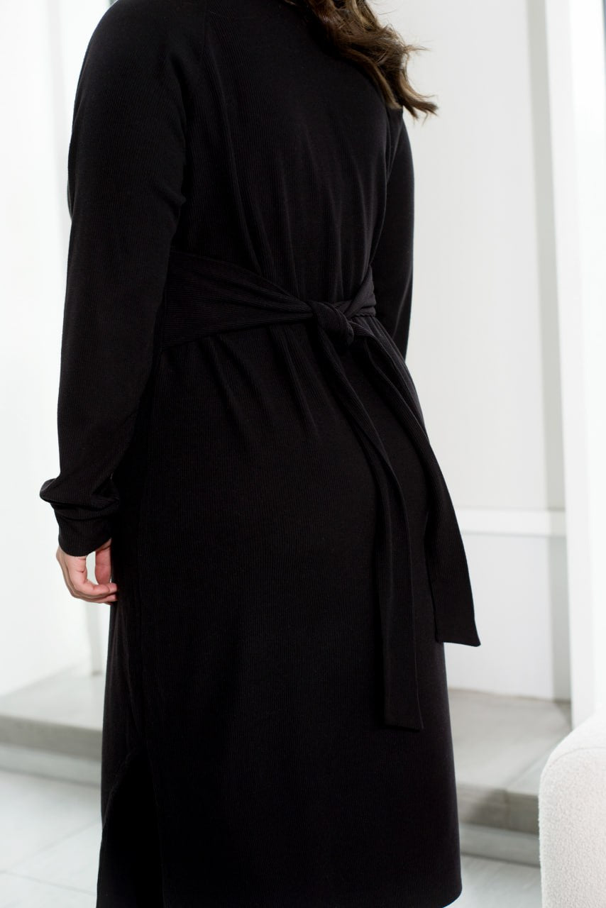 Brushed Angora Rib Midi Dress with Side Slit, Asymmetrical Hem and Built-In Waist Belt