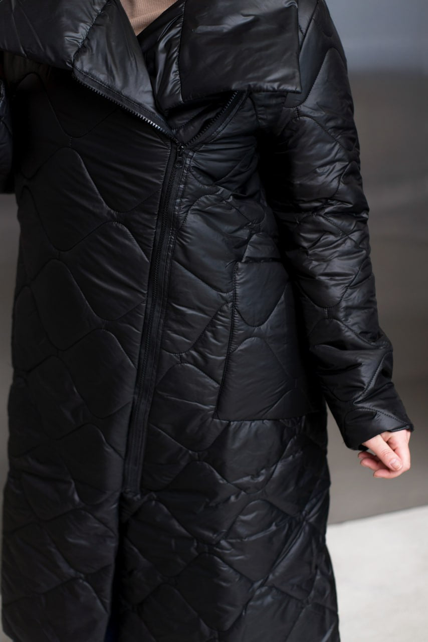Quilted Long Coat with Side Zipper, High Collar and Patch Pockets