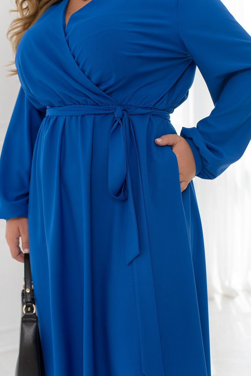 Casual Long Sleeve Wrap Maxi Dress with Belt and Pockets Lightweight Suit Fabric Plus Size