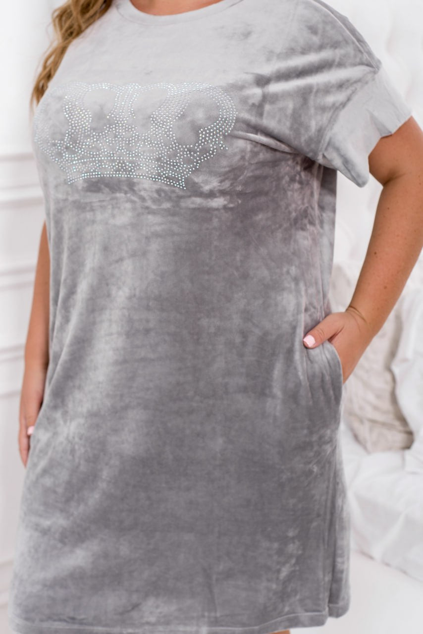 Home Dress Relaxed Fit Velour Rhinestone Print with Pockets Plus Size