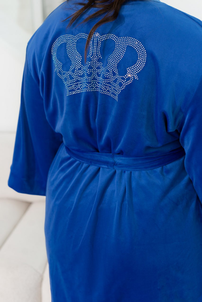 Комплект домашнього одягу з трьох предметів, халат, футболка, штани, велюр, принт зі стразами, великий розмір