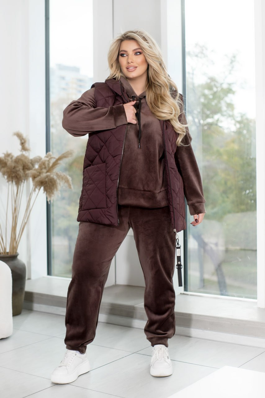 3-Piece Velour Tracksuit with Hooded Vest, Sweatshirt and Straight-Leg Pants