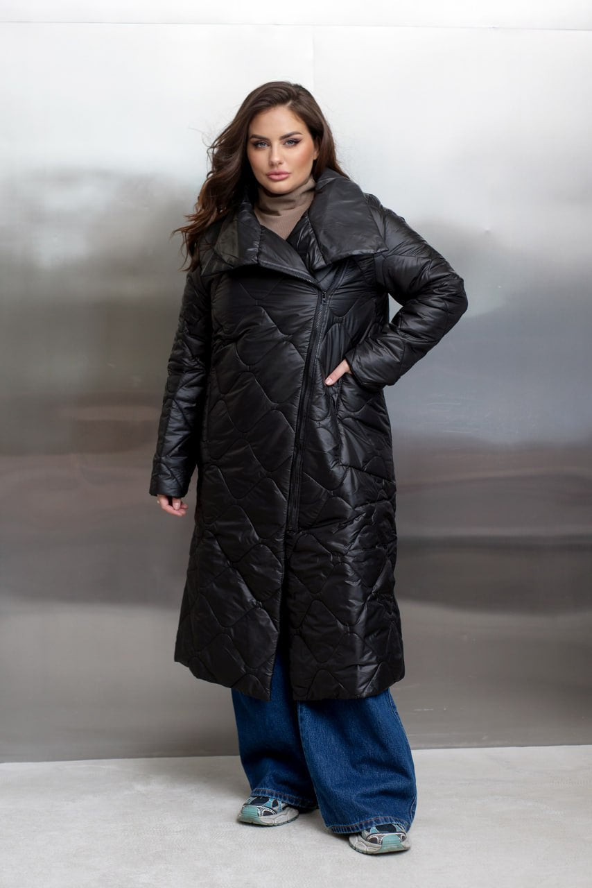 Quilted Long Coat with Side Zipper, High Collar and Patch Pockets