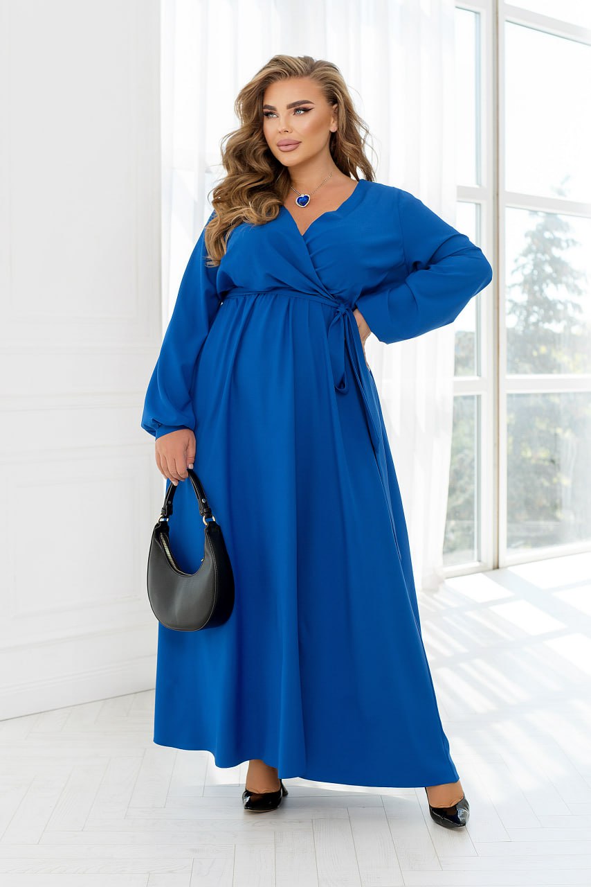 Casual Long Sleeve Wrap Maxi Dress with Belt and Pockets Lightweight Suit Fabric Plus Size