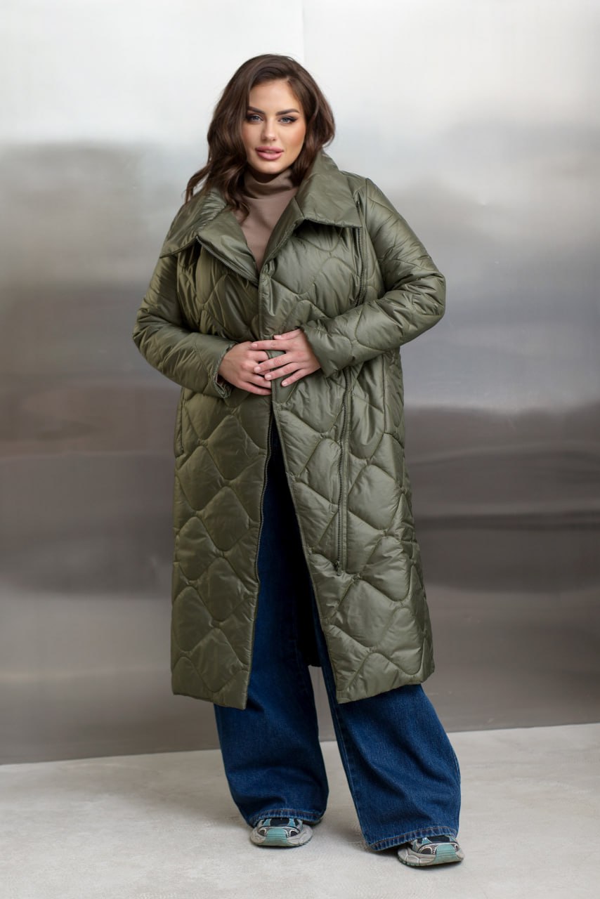 Quilted Long Coat with Side Zipper, High Collar and Patch Pockets