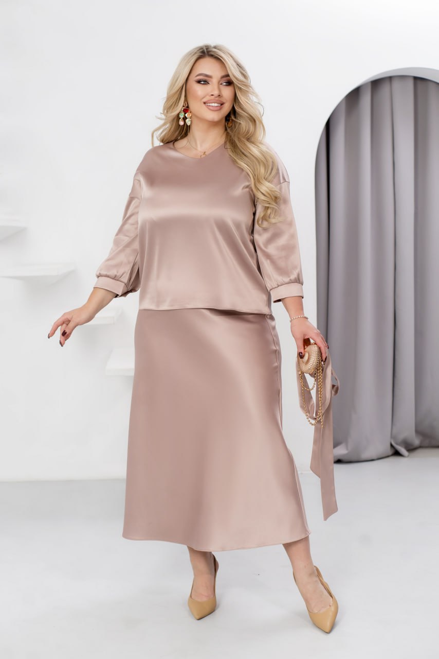 Women's Evening Blouse and Skirt Suit Dropped Shoulder Wide Silhouette Non-Stretch Silk Plus Size