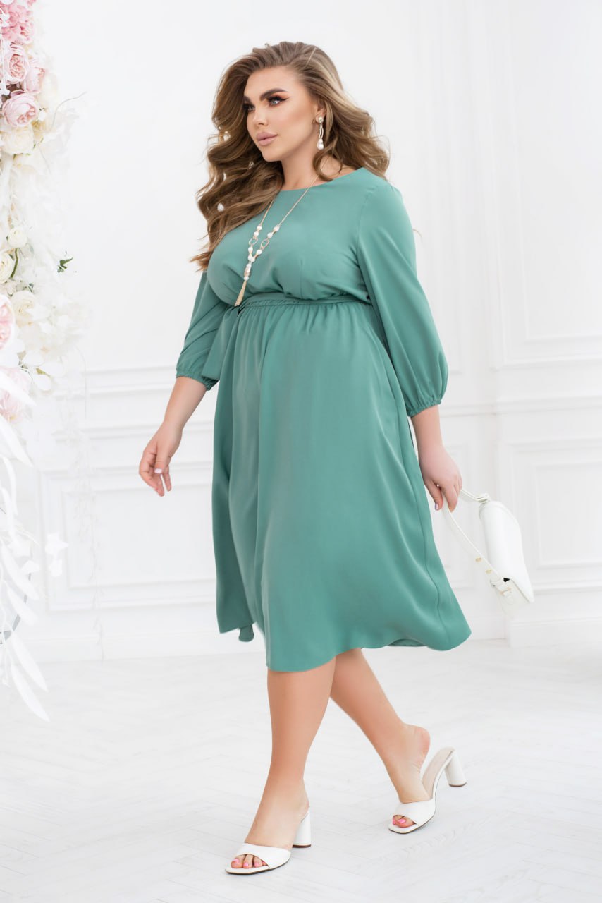 Sukienka midi typu shift z rękawem 3/4, elastycznym pasem, lekki garnitur w dużym rozmiarze