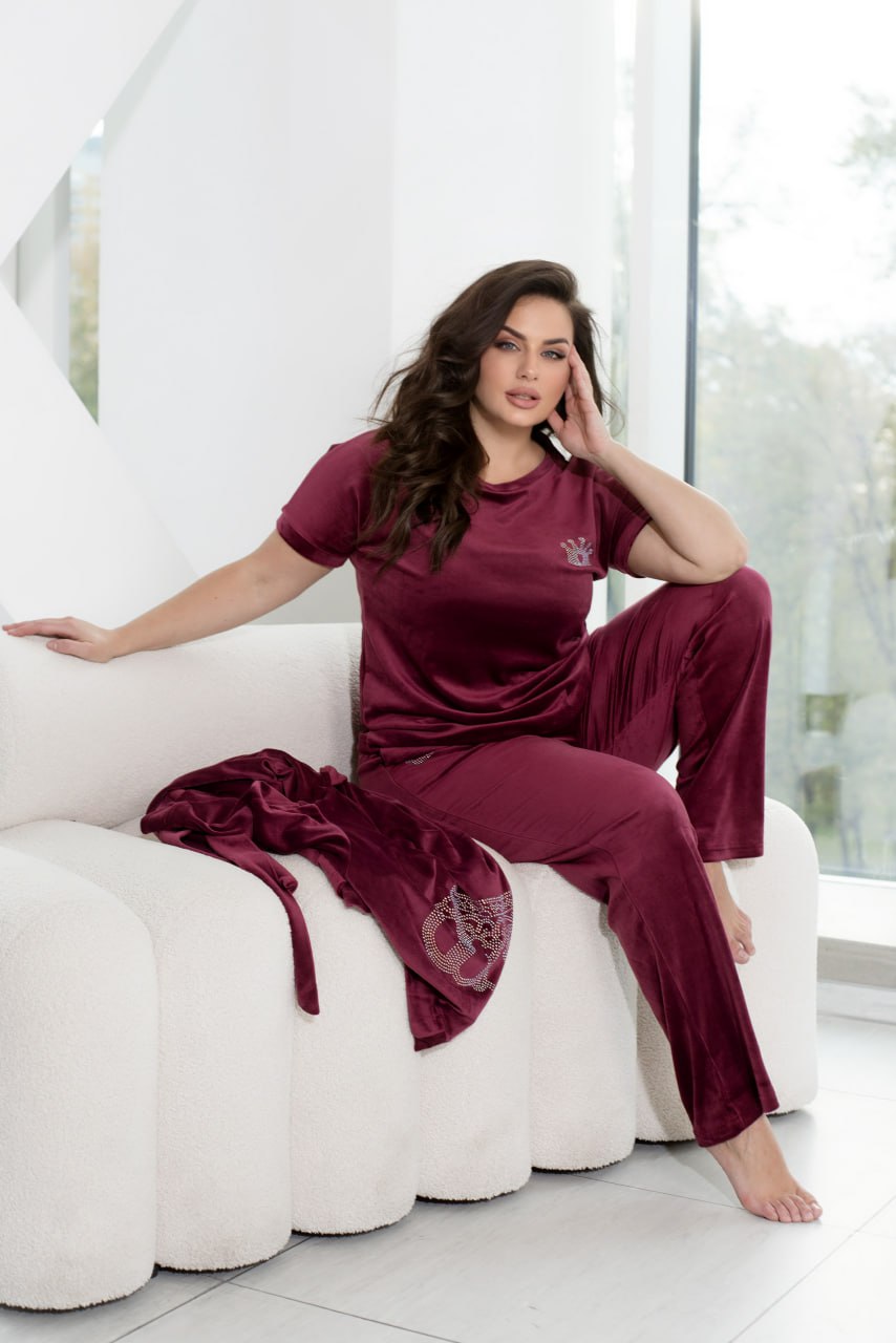 Комплект домашнього одягу з трьох предметів, халат, футболка, штани, велюр, принт зі стразами, великий розмір