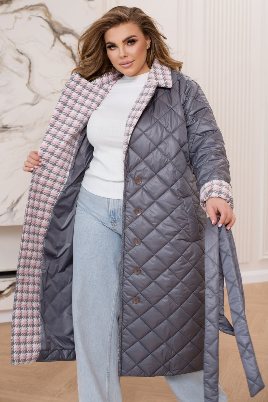 Jackets Casual Straight Cut Plashchivka Synthepon-Silicon Tweed Trim Belted Plus Size