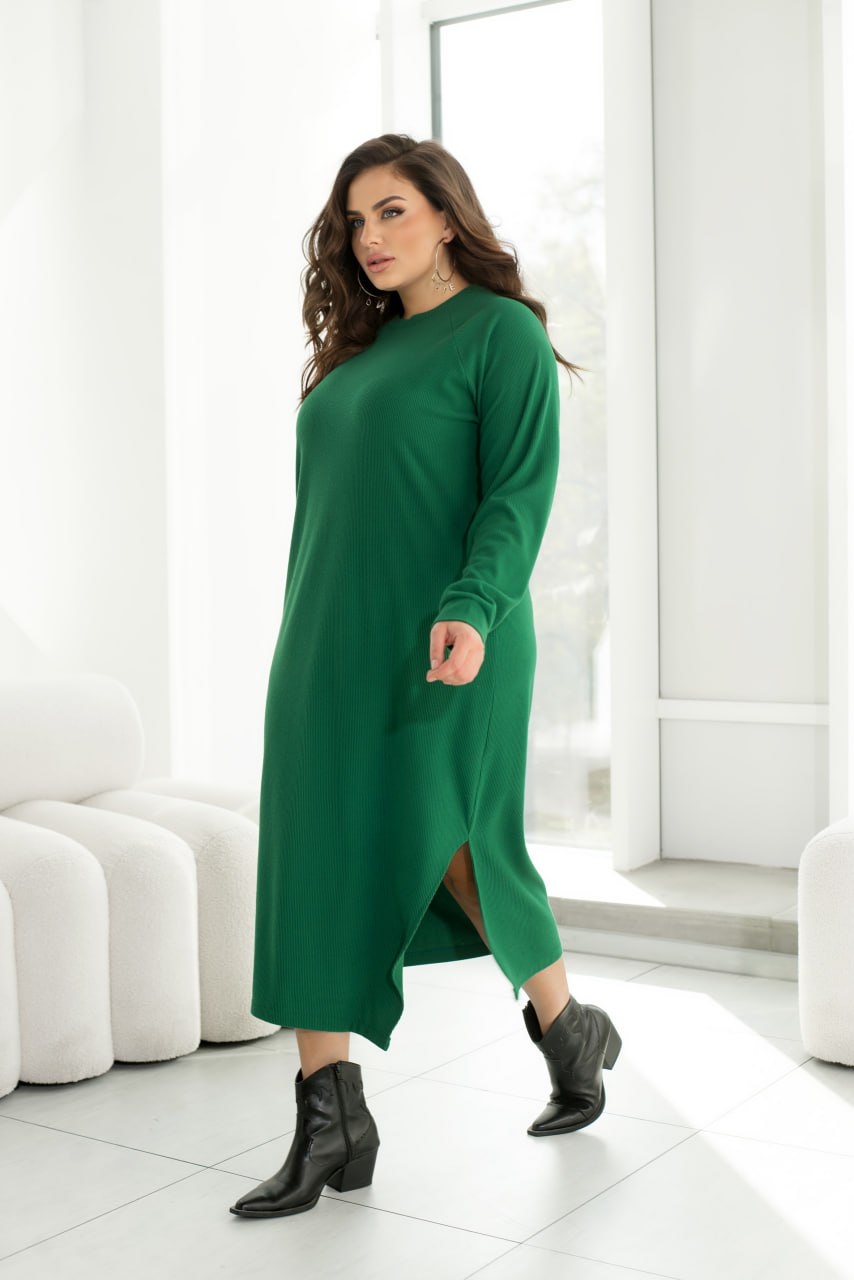 Brushed Angora Rib Midi Dress with Side Slit, Asymmetrical Hem and Included Belt