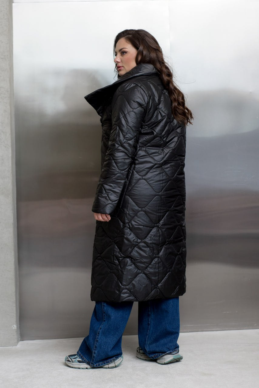 Quilted Long Coat with Side Zipper, High Collar and Patch Pockets