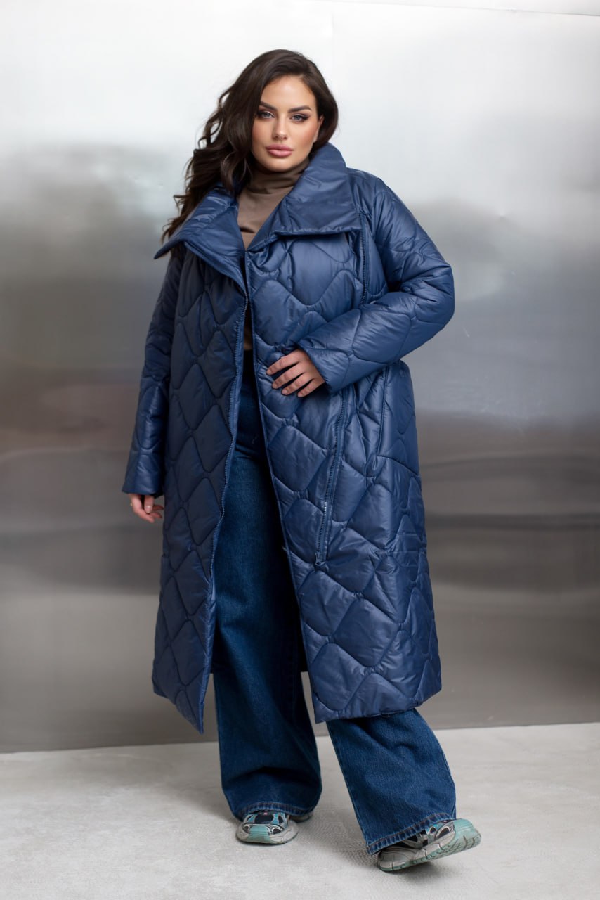 Quilted Long Coat with Side Zipper, High Collar and Patch Pockets