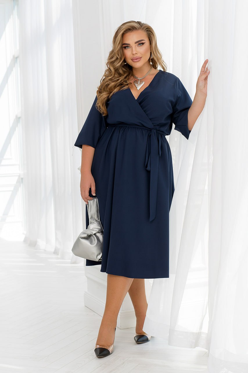 Dress Plus Size Wrap Bodice Elastic Waist Side Pockets Lightweight Suiting